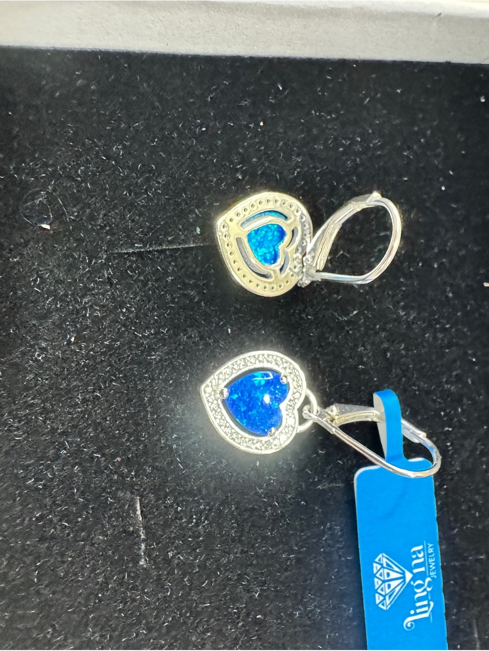 Blue Opal 925 Sterling Silver Heart Drop Earrings with Blue Opal Inlay - Picture 10 of 12